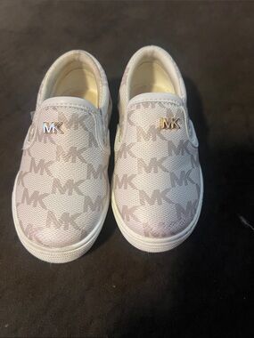 Michael Kors White and Light Gray MK Print Kids Slip-On Sneakers